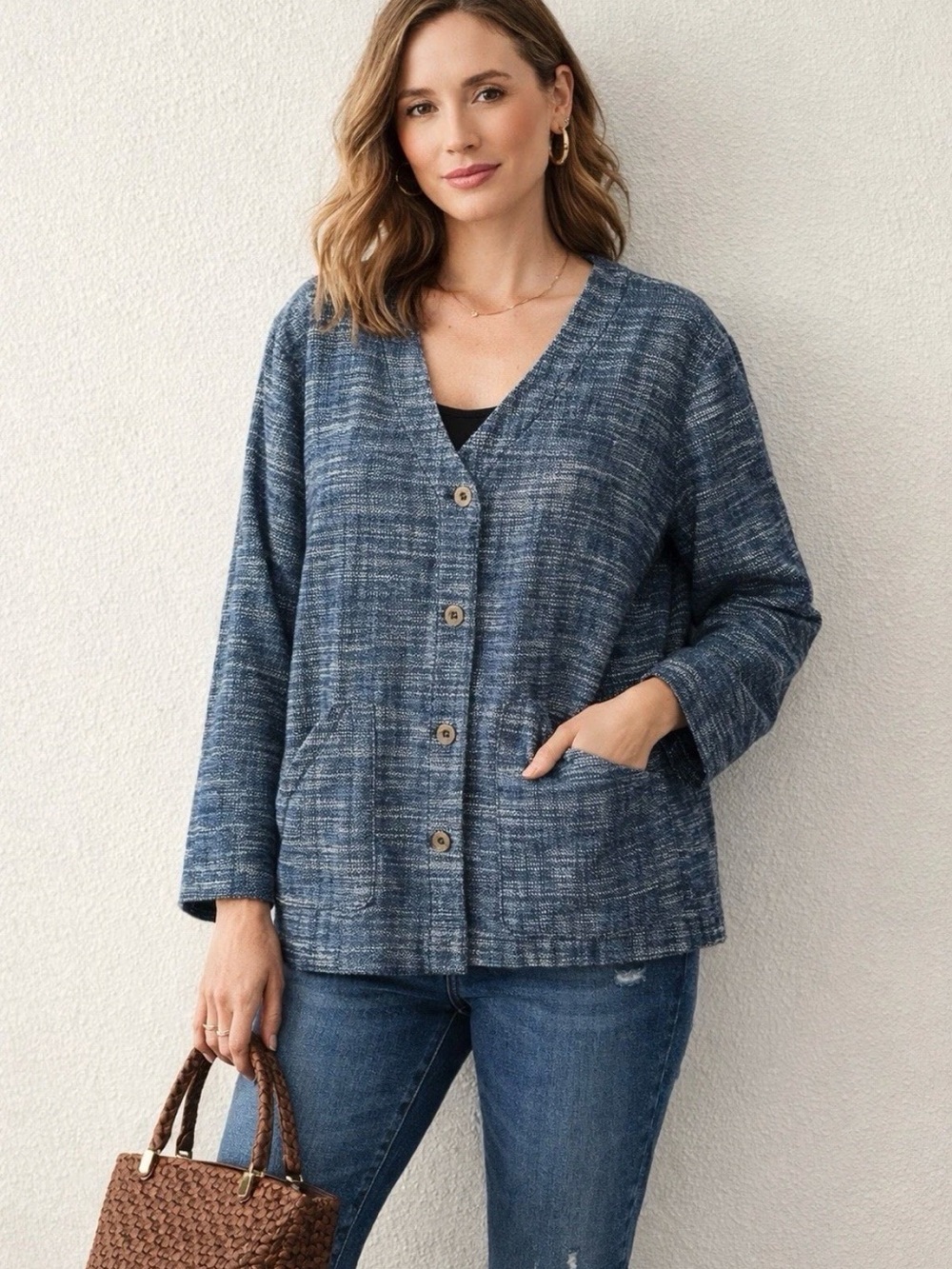J. Jill Pure Jill  Indigo Blue Button-Front Cotton Textured Jacket Blazer